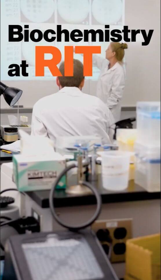 The words biochemistry at RIT overlayed on a person in a lab coat presenting at a whiteboard in a lab.