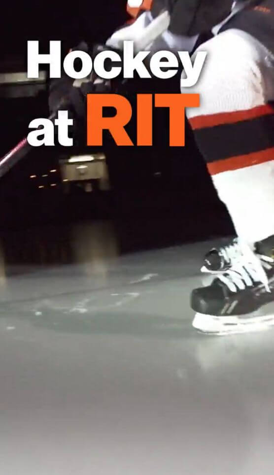 The words Hockey at RIT overlayed on a closeup of a person playing hockey.