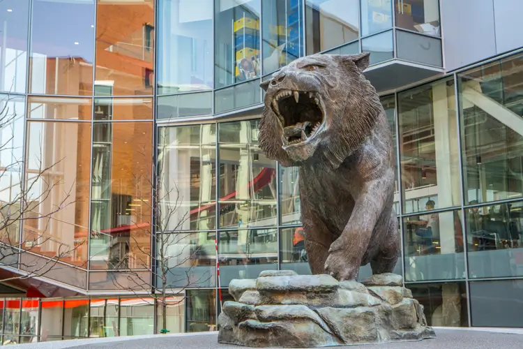 The R I T tiger statue outside of the SHED.