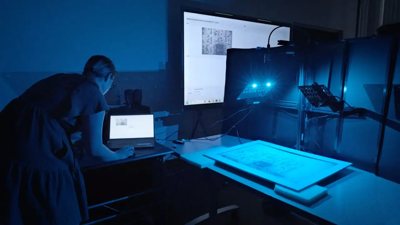 A student works in a blue room using multispectral imaging on an old document.