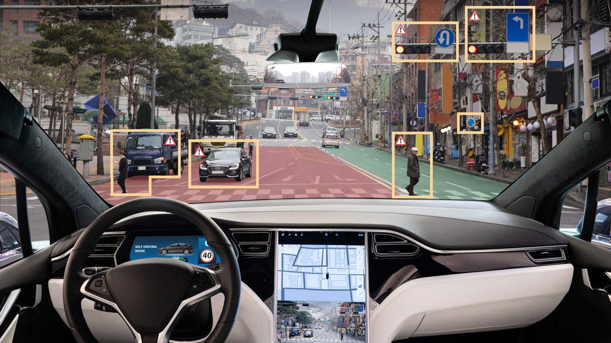 A mockup from the inside of a car of object detection of people and cars outside.