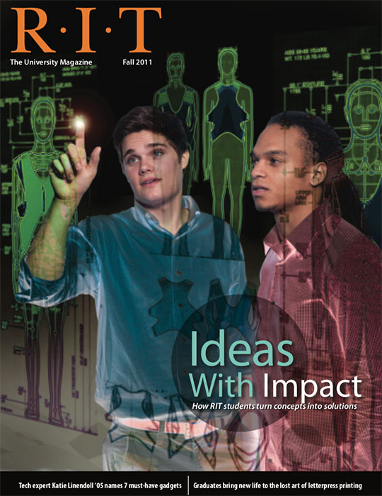 Two students writing on a smartboard