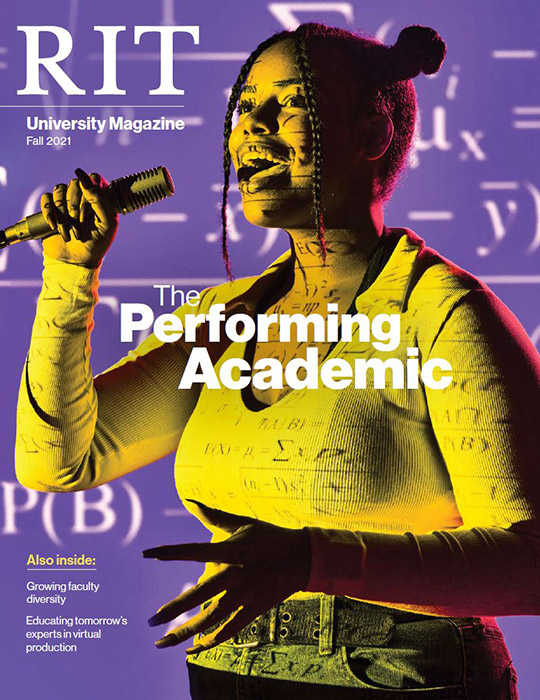 magazine cover with student singing into a microphone.