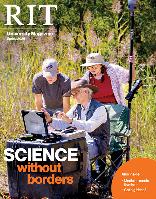 Spring 2026 University Magazine cover with researchers outside with measuring equipment.