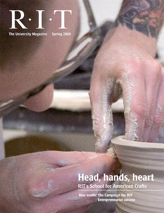 University Magazine cover featuring person using pottery wheel.
