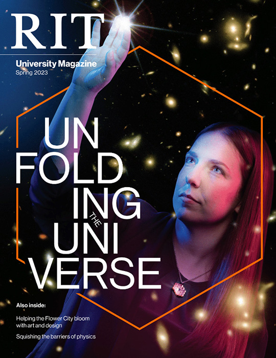 magazine cover showing faculty member in Space with stars, with text: Unfolding the Universe