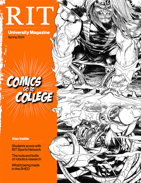 Spring 2024 University Magazine cover with black and white comic book art.
