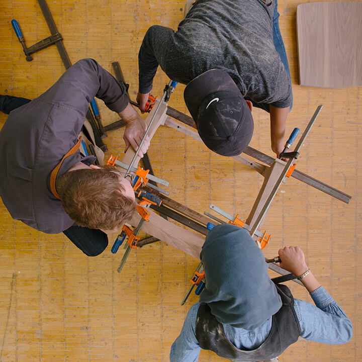 overhead view of students doing woodworking