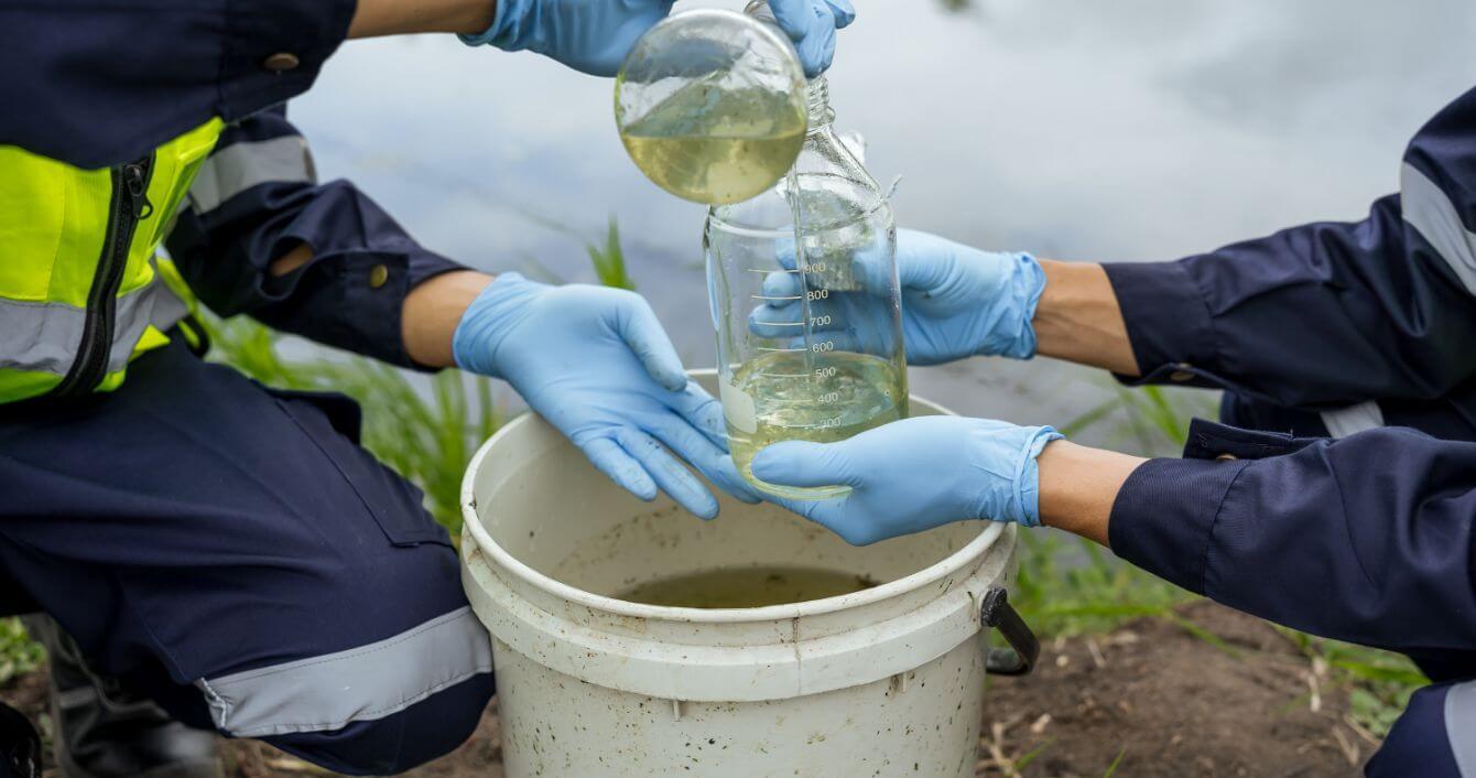 Two gloved hands handling waste water from a 5 gallon bucket