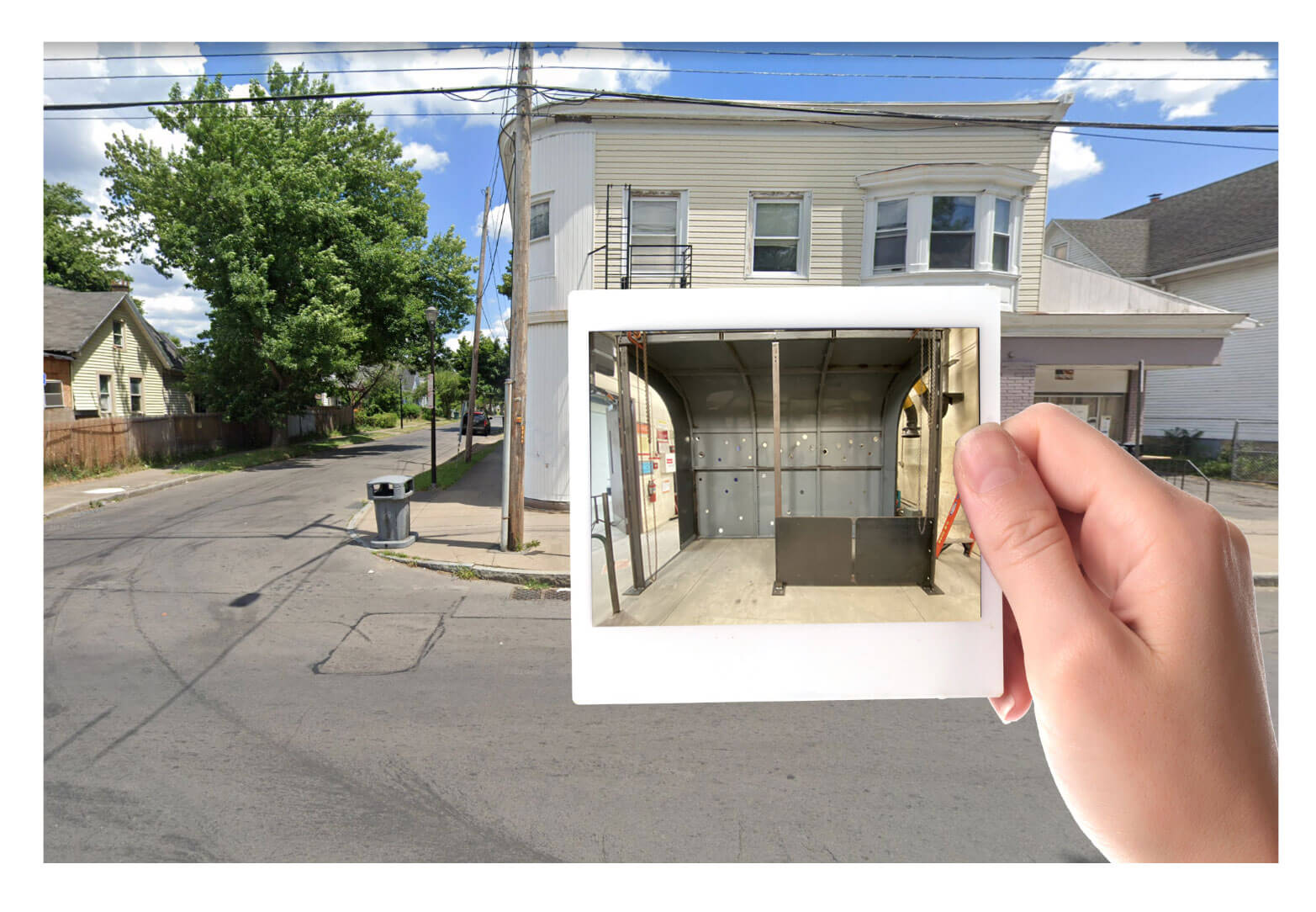 A polaroid image of the prebuilt bus stop shelter being held up in front of a view of where the current but stop is on Joseph Avenue.