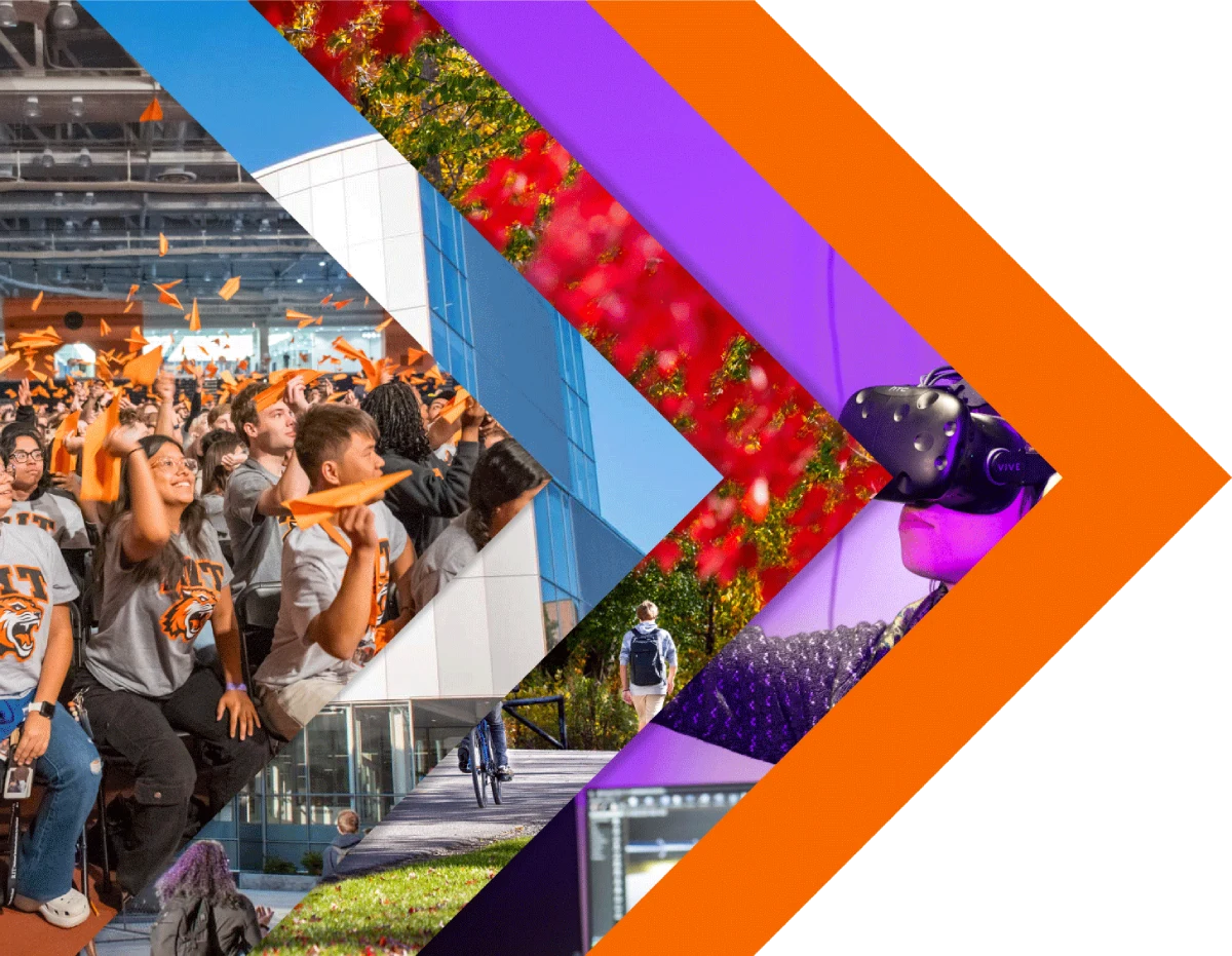 Graphic shaped like an arrow but created from layered images of campus life.