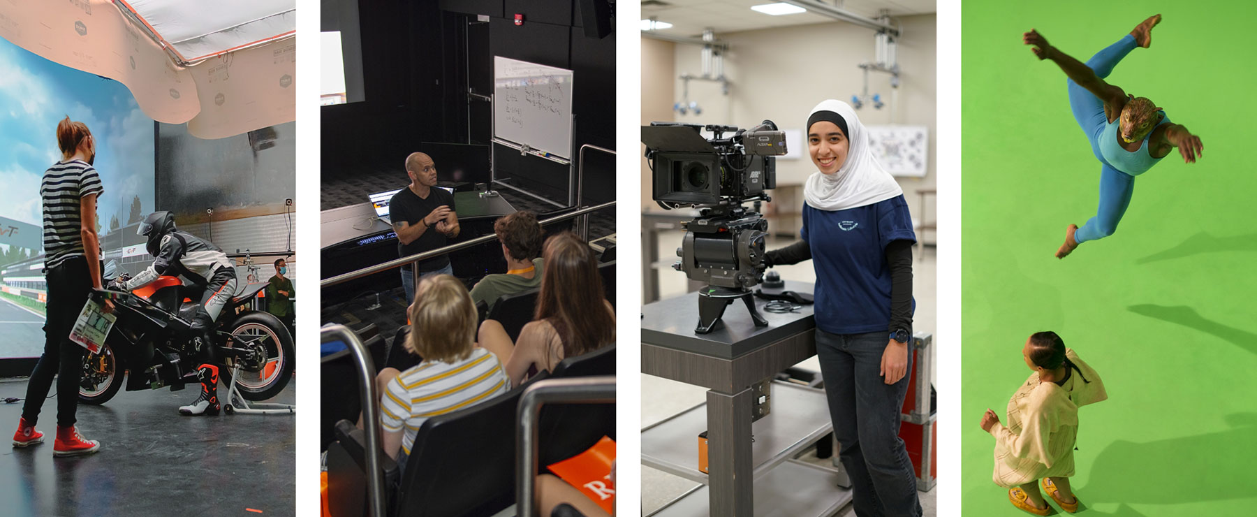 Collage of four scenes: a motorcycle simulation, a lecture, a person with a camera, and a green screen performance.