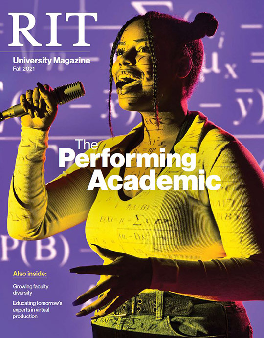cover of fall 2021 magazine with a student singing into a microphone.