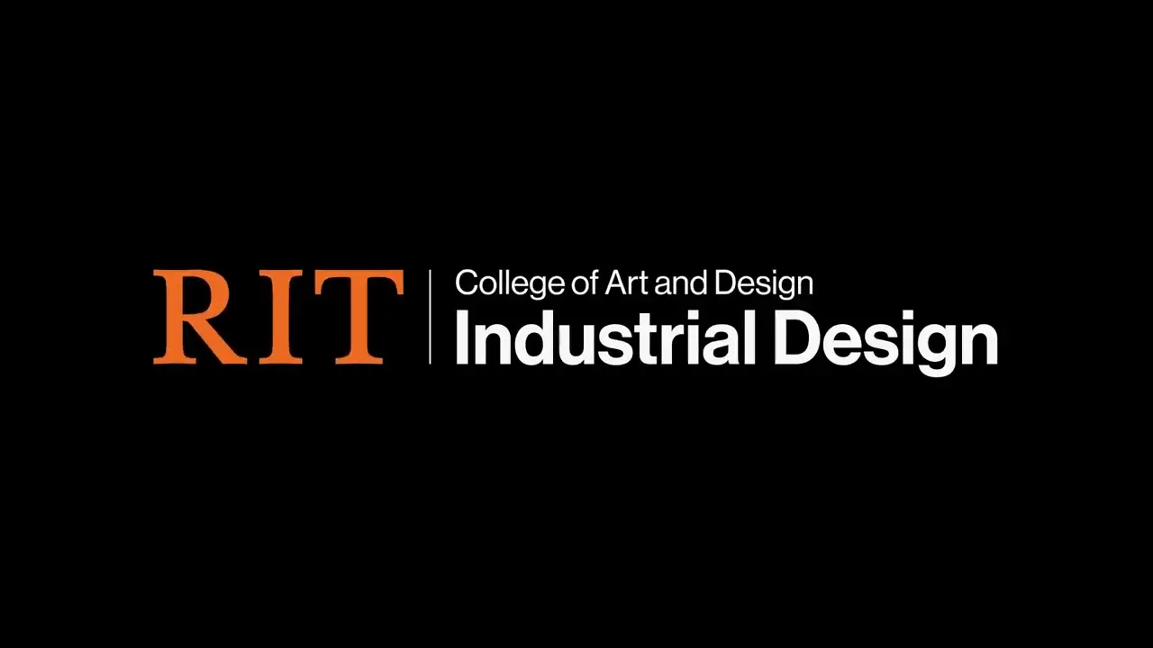 Black background with an RIT lockup that reads 'Industrial Design MFA' in white text. A white play button is centered on the image.