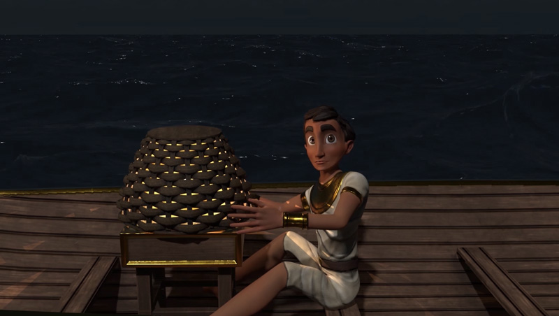 Animated character sitting on a wooden boat holding a wooden basket.