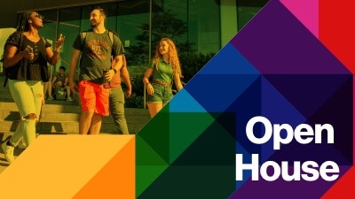 Three R I T students walking on campus on the left and a variety of differently colored shapes on the right with the words 'Open House' overlayed.