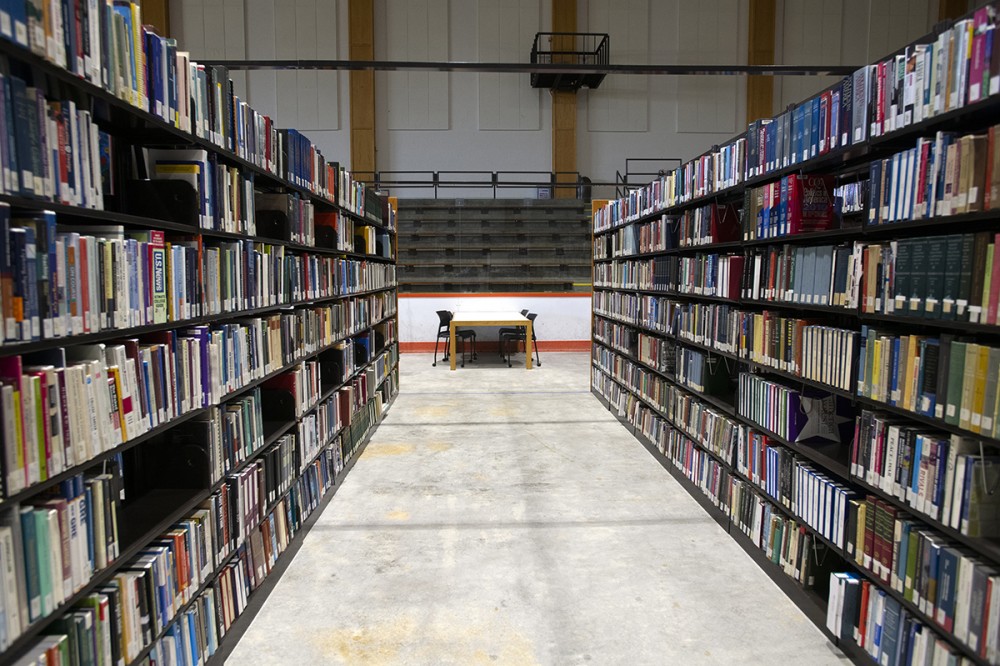 desk and shelves of books