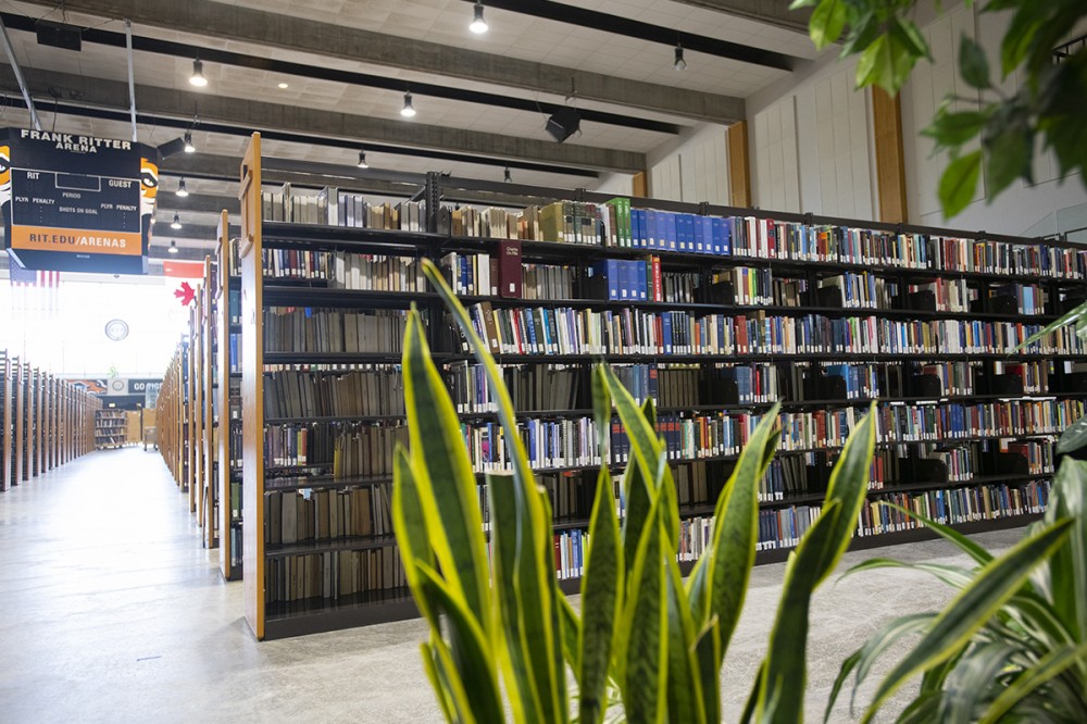 Shelves of books with plant