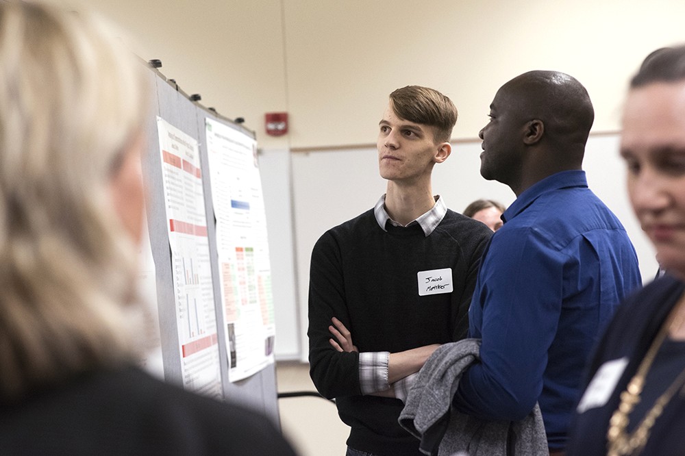 <p><span><span><span><span><span><span><span><span><span><span><span><span><span><span><span>Jacob Mekker, a fourth-year student in the School of Individualized Study&nbsp;from Syracuse, N.Y., explains his research to&nbsp;Sheth Nyibule, a lecturer in physics.</span></span></span></span></span></span></span></span></span></span></span></span></span></span></span>&nbsp;RIT's Center for Advancing STEM Teaching, Learning and Evaluation held its sixth annual CASTLE Symposium on&nbsp;May 8. The event celebrated faculty and student research and work focused on improving STEM education.&nbsp;</p>
