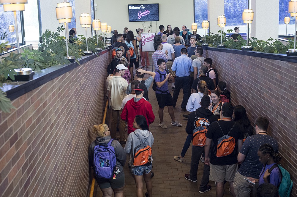 <p>First-year and transfer RIT/NTID students gather for lunch during the college's Summer Vestibule Program (SVP),&nbsp;an orientation program that provides classroom and social experiences prior to the beginning of classes.</p>
