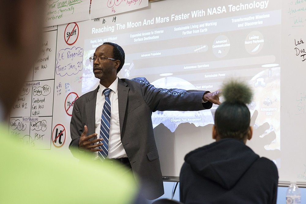 <p>Clayton Turner, the newly appointed director of the NASA Langley Research Center and this year’s distinguished alumnus in KGCOE, speaks to a group of sophomores and juniors at Rochester Prep High School, RIT's partner charter school.</p>

