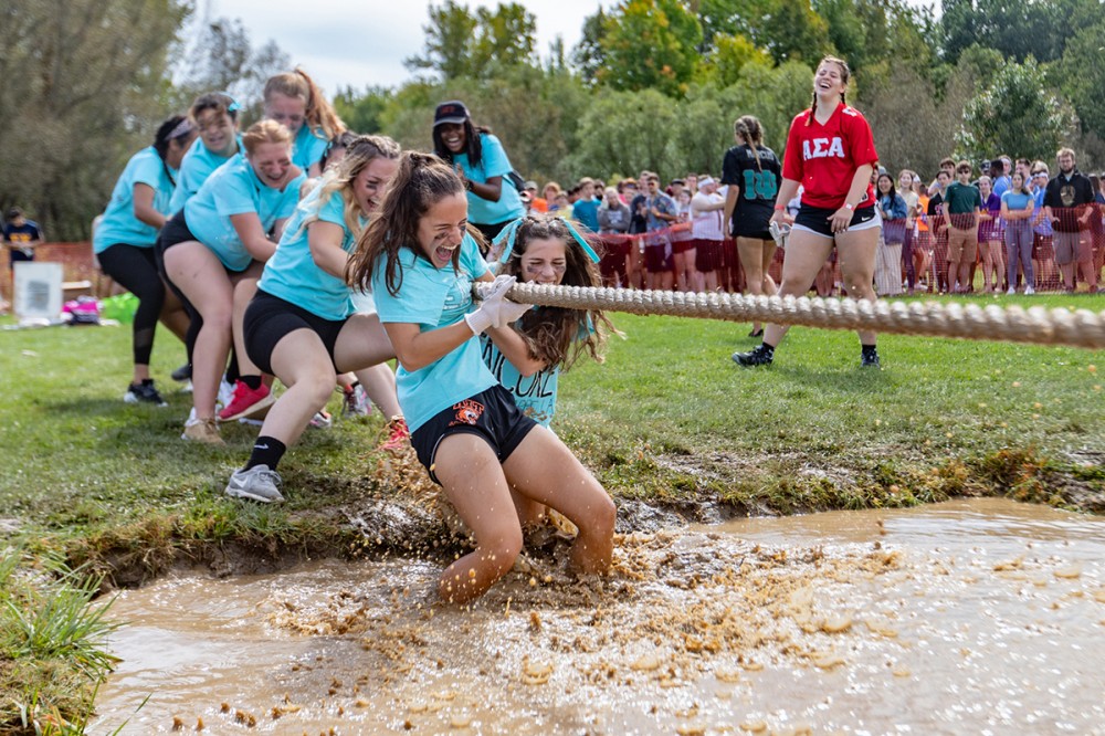 <p>Mud Tug is an annual event hosted by Zeta Tau Alpha sorority and Phi Kappa Psi fraternity. Held behind Grace Watson Hall, teams of 10 competed in a tug-of-war tournament over pits of mud. The event raises funds for the Hillside Family of Agencies.&nbsp;</p>

