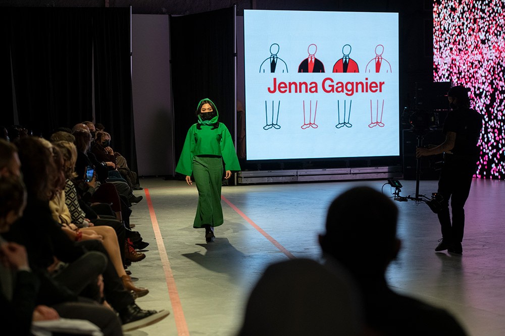 Photo by Elizabeth Lamark <br> <p>RIT’s Vignelli Center for Design Studies hosted its inaugural “Beyond Fashion” event to celebrate design and community Dec. 10, inside MAGIC Spell Studios’ soundstage. The event showcased a diverse collection of garments and wearables inspired by the Vignelli Archives and featured pieces crafted by Rochester-area designers Karissa Birthwright (SaintVegann), Jenna Gagnier, and Krista Jenkins (Spirit + Thread Crochet) as well as undergraduate and graduate students from RIT’s metals and jewelry design and industrial design programs.</p>
