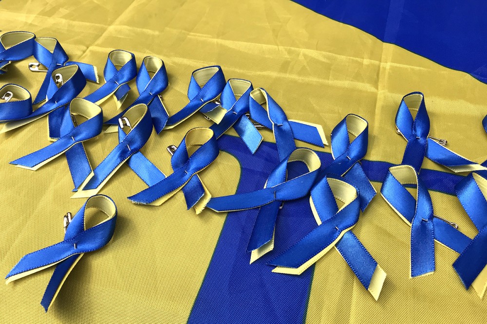 blue and yellow ribbons.