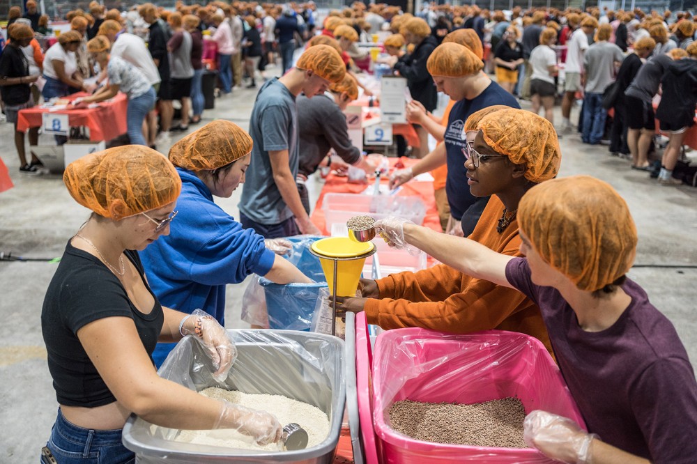 <p>Thousands of RIT’s newest students participated in the seventh Hunger Project on Aug. 25 in Ritter Arena. Students packaged more than 115,000 meals for the Rochester community that will be distributed through FoodLink. The service project is coordinated through RIT’s <a href="https://www.rit.edu/lead/">Center for Leadership and Civic Engagement</a>.</p>
