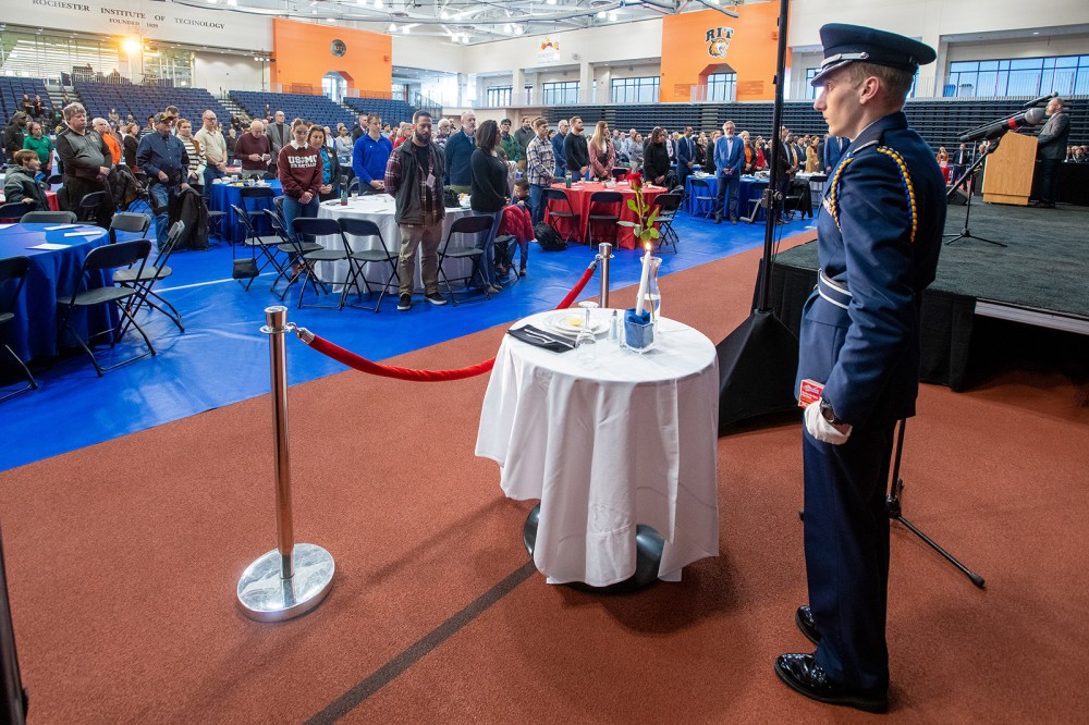 More than 300 veterans, family members, students, and community members attended RIT’s 12th annual Veteran’s Day Breakfast in the Gordon Field House and Activities Center. The keynote speaker was RIT alumnus Maj. Gen. (retired) Timothy Lunderman.
<br><p>Photo by Carlos Ortiz</p>