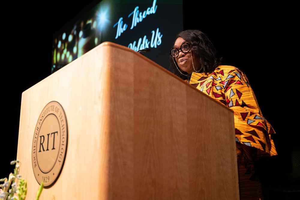 <p>RIT alumna Krystle Ellis ’09, ’15 MS gives the keynote address during the annual Let Freedom Ring event held Jan. 15 on Martin Luther King Jr. Day in Ingle Auditorium. The event, hosted by the Division of Diversity and Inclusion, is a chance for students, faculty, and staff to celebrate the federal holiday and honor King’s work.</p>
