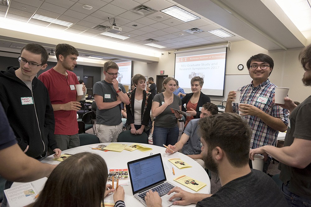 The 2017 REU Graduate Study and Research Symposium was jointly hosted by RITâs seven REU programs and sponsored by RITâs Office of the Vice President for Research. The National Science Foundation-funded Research Experience for Undergraduates programs draw top students from across the country and expose them to different perspectives. Approximately eight to 10 students per program work with RIT researchers for 10 weeks in the following areas: accessible multimodal interfaces; computational sensing; extremal graph theory and dynamical systems; imaging in the physical sciences; materials, applications and development for organic photovoltaic devices; model-based reasoning in STEM education; and multimessenger astrophysics. To read more, go to <a href="http://www.rit.edu/news/story.php?id=62292">rit.edu/news/story.php?id=62292</a>.