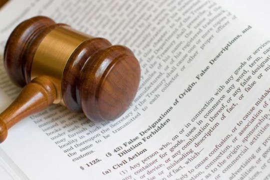 A gavel resting on an open book
