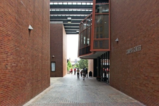 bricked pathway between two brick buildings.