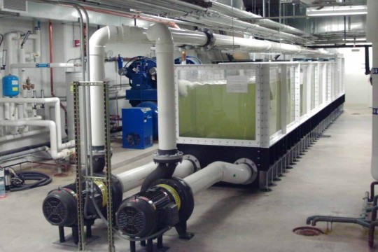 Large container filled with liquid and large pipes running the length over the top