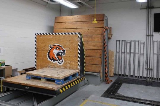 Lab with a wooden block with an RIT tiger face on it