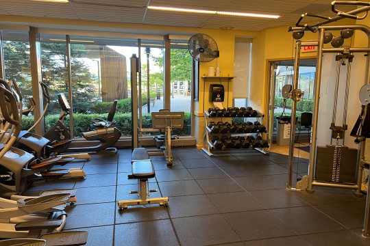 Free weights, stair stepper and workout bench