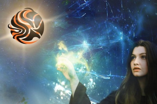 a woman in a mystical, celestial setting with sparkling light