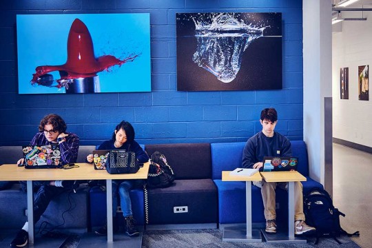students work on laptops in a lounge area.