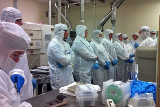 People lined up in lab