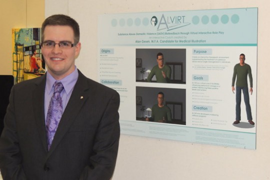 Person posing next to poster