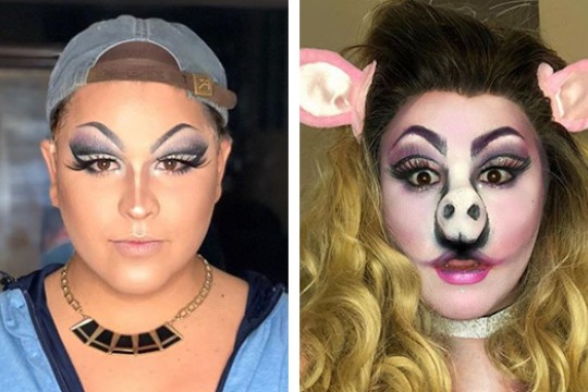 Side by side images of a person wearing two different makeup looks.
