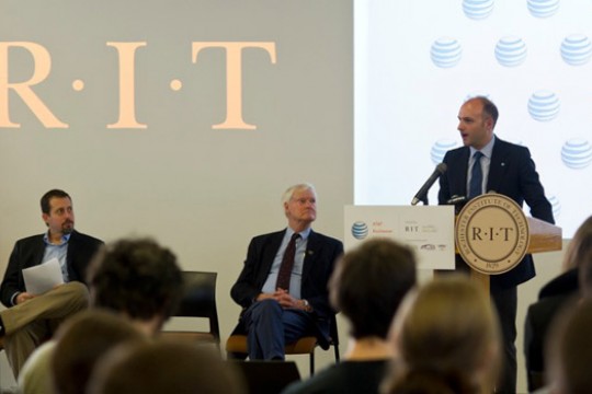 People giving speech at podium