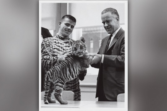 David Page, former RIT President Mark Ellingson, and Spirit.