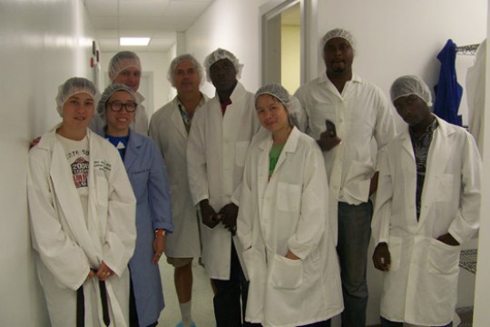 Scientists gathered in hallway