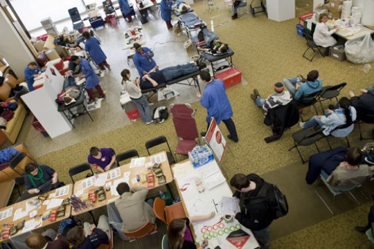 People gathered at blood donation event