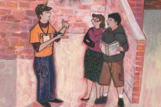 Drawing of student talking to family