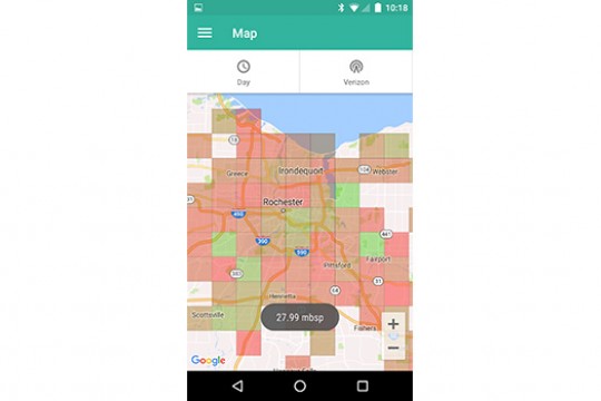 A screenshot of the app, which shows a map of Rochester with red and green areas showing high and low download speeds.