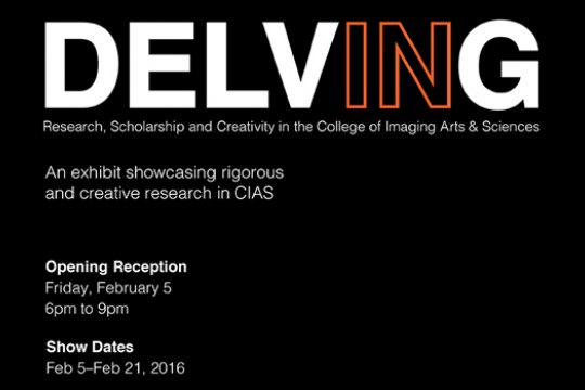 graphic with the words Delving, an exhibit showcasing rigorous and creative research in C I A S.