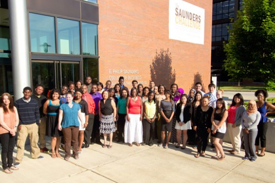 People gathered outside class building